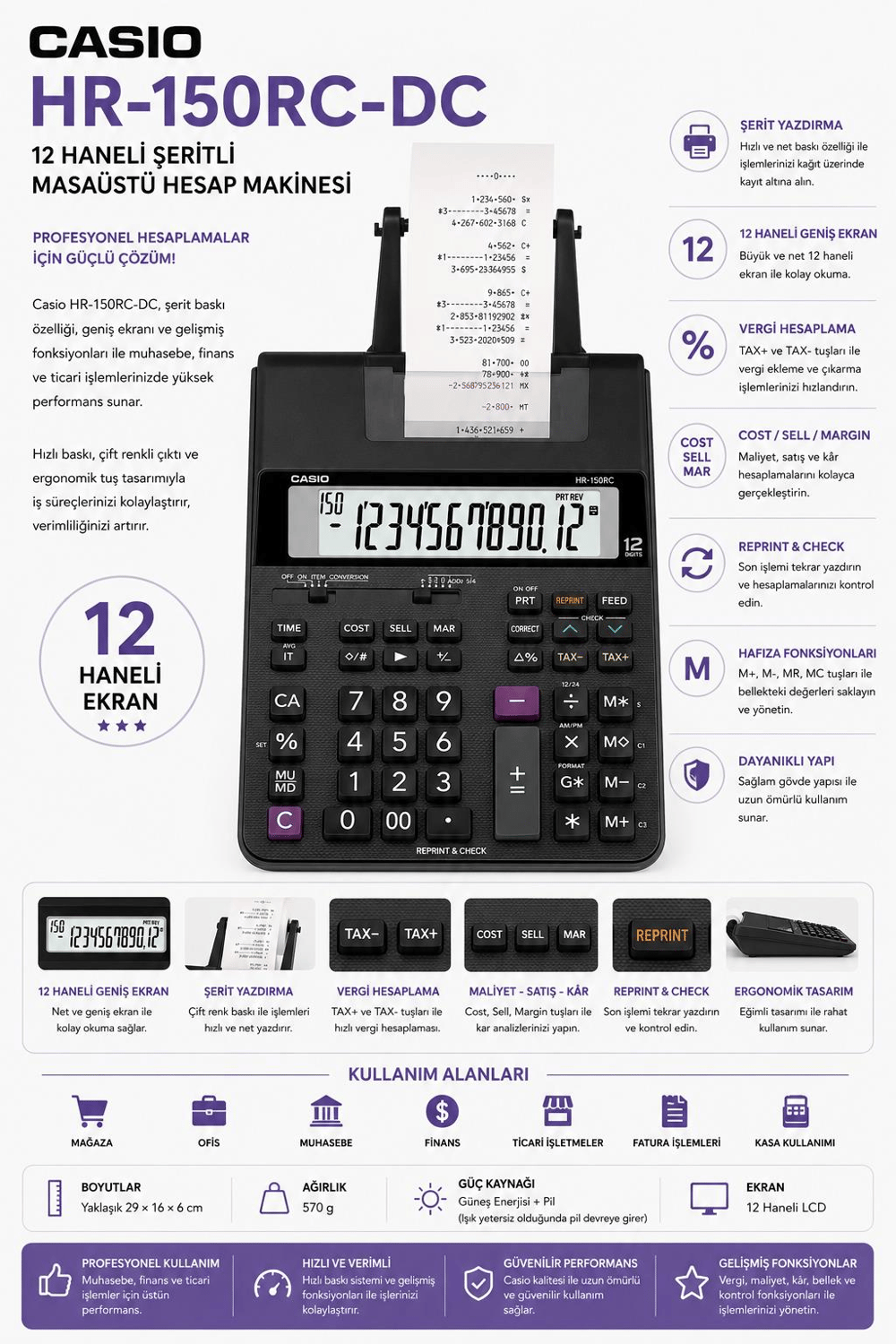 Casio HR-150RC-DC 12 Haneli Şeritli Masaüstü Hesap Makinesi