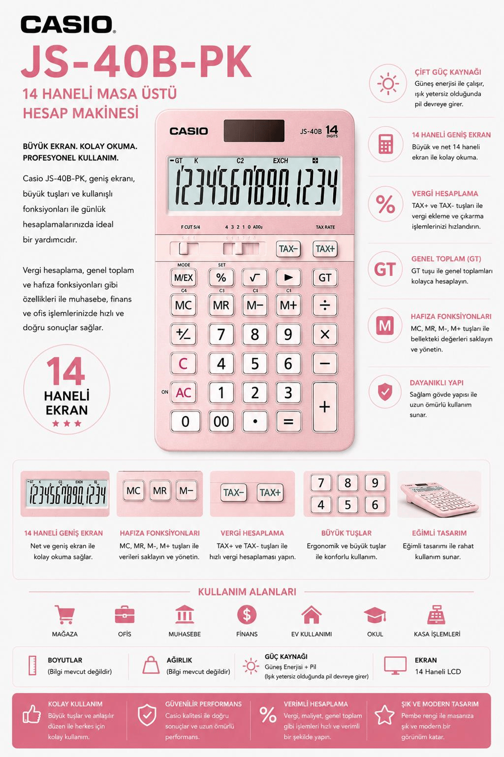 Casio JS-40B-PK Pembe Profesyonel 14 Hane Masa Üstü Hesap Makinesi