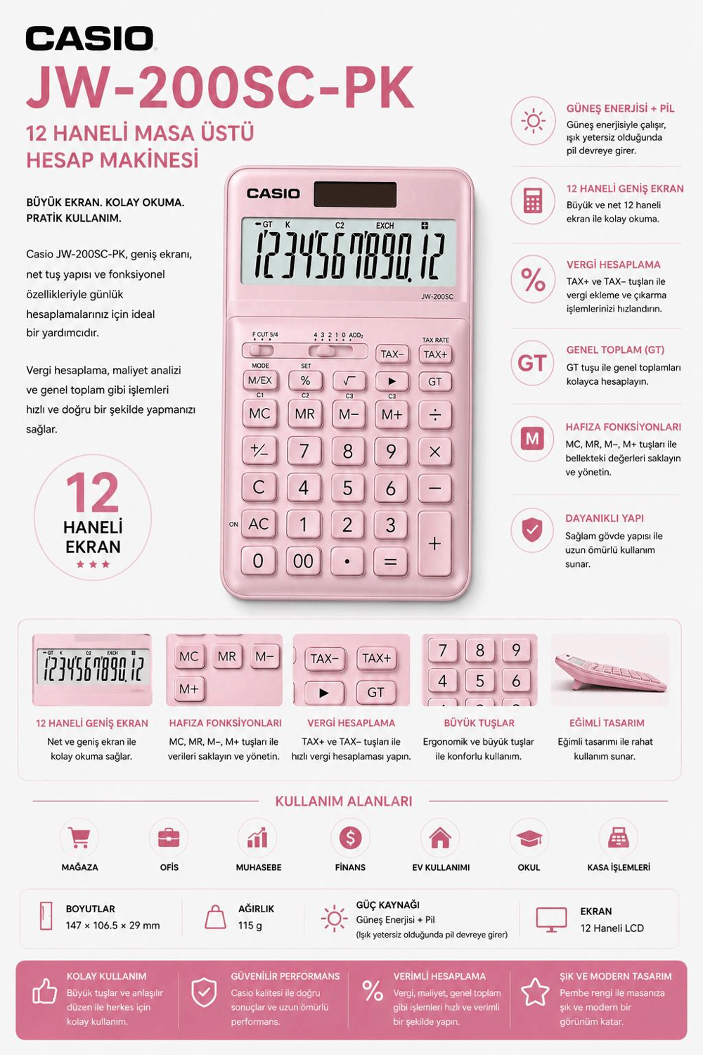 Casio JW-200SC-PK 12 Hane Pembe Masa Üstü Hesap Makinesi