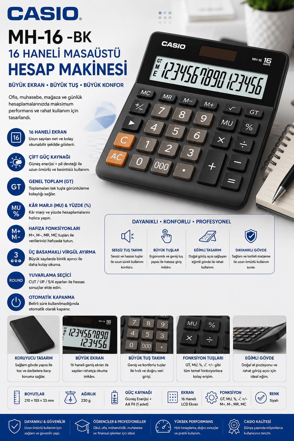 Casio MH-16 -BK Haneli Masaüstü Hesap Makinesi