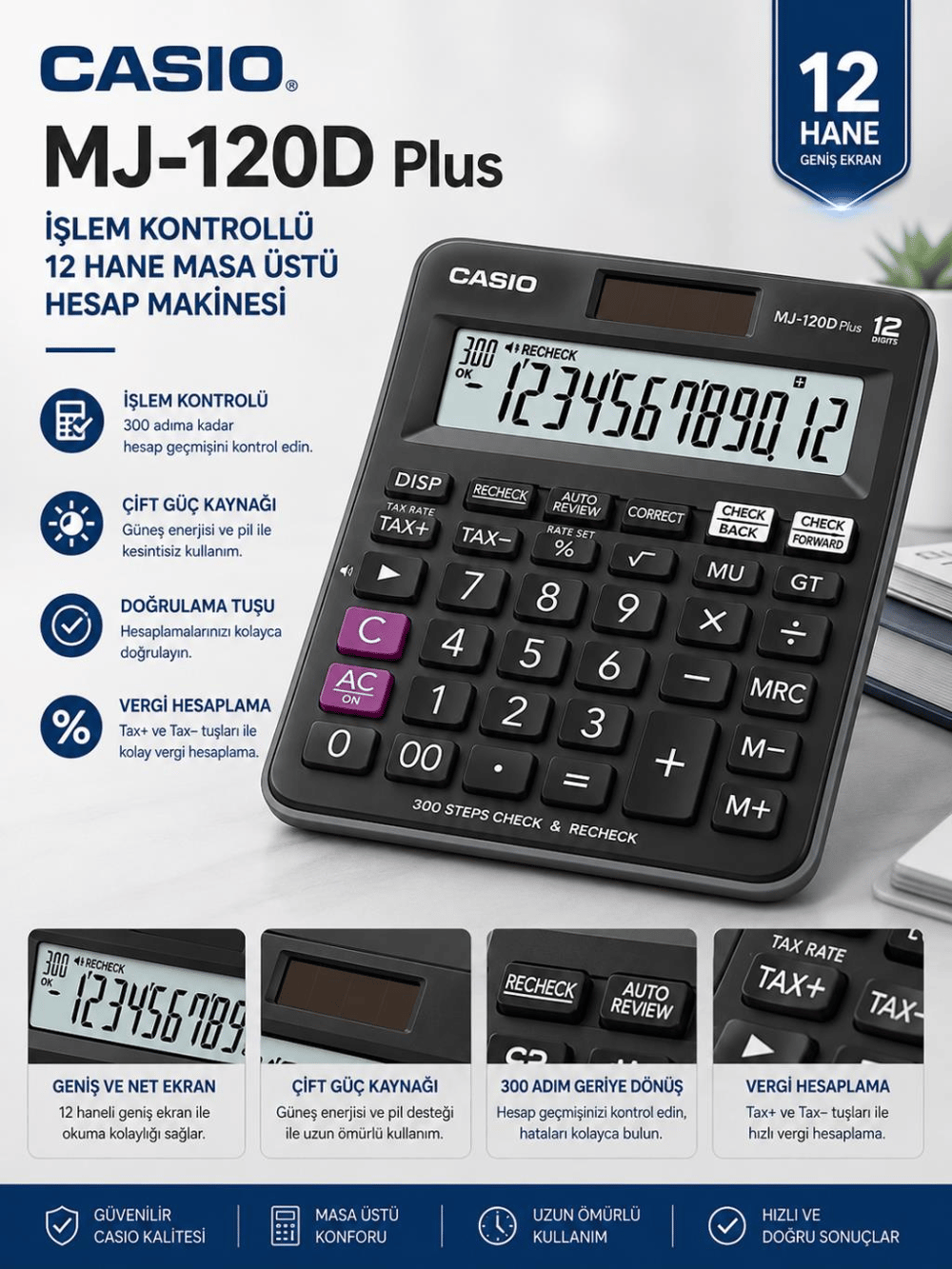 Casio MJ-120D Plus İşlem Kontrollü 12 Haneli Masaüstü Hesap Makinesi