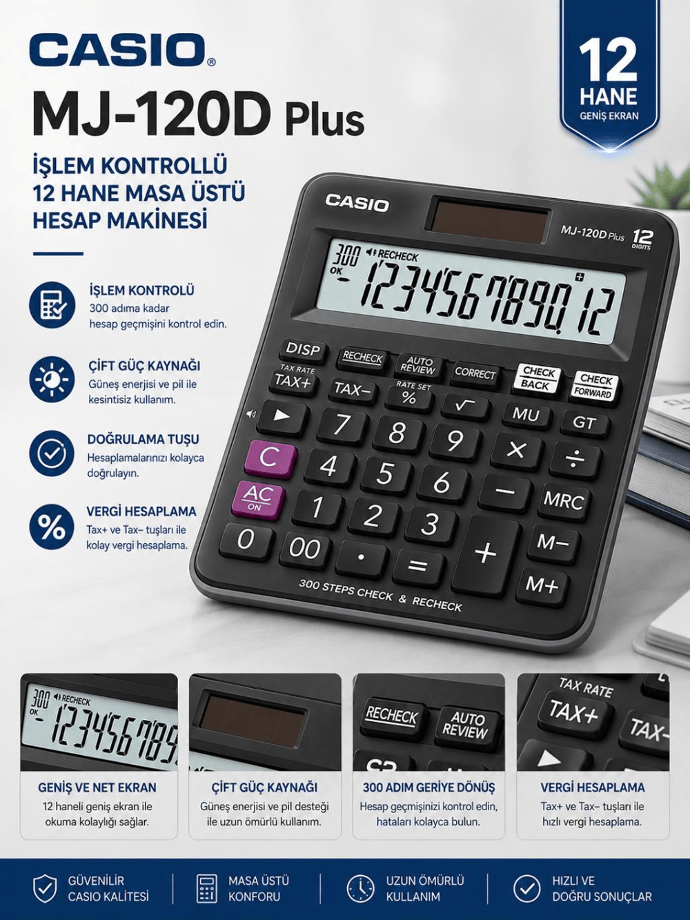 Casio MJ-120D Plus İşlem Kontrollü 12 Haneli Masaüstü Hesap Makinesi