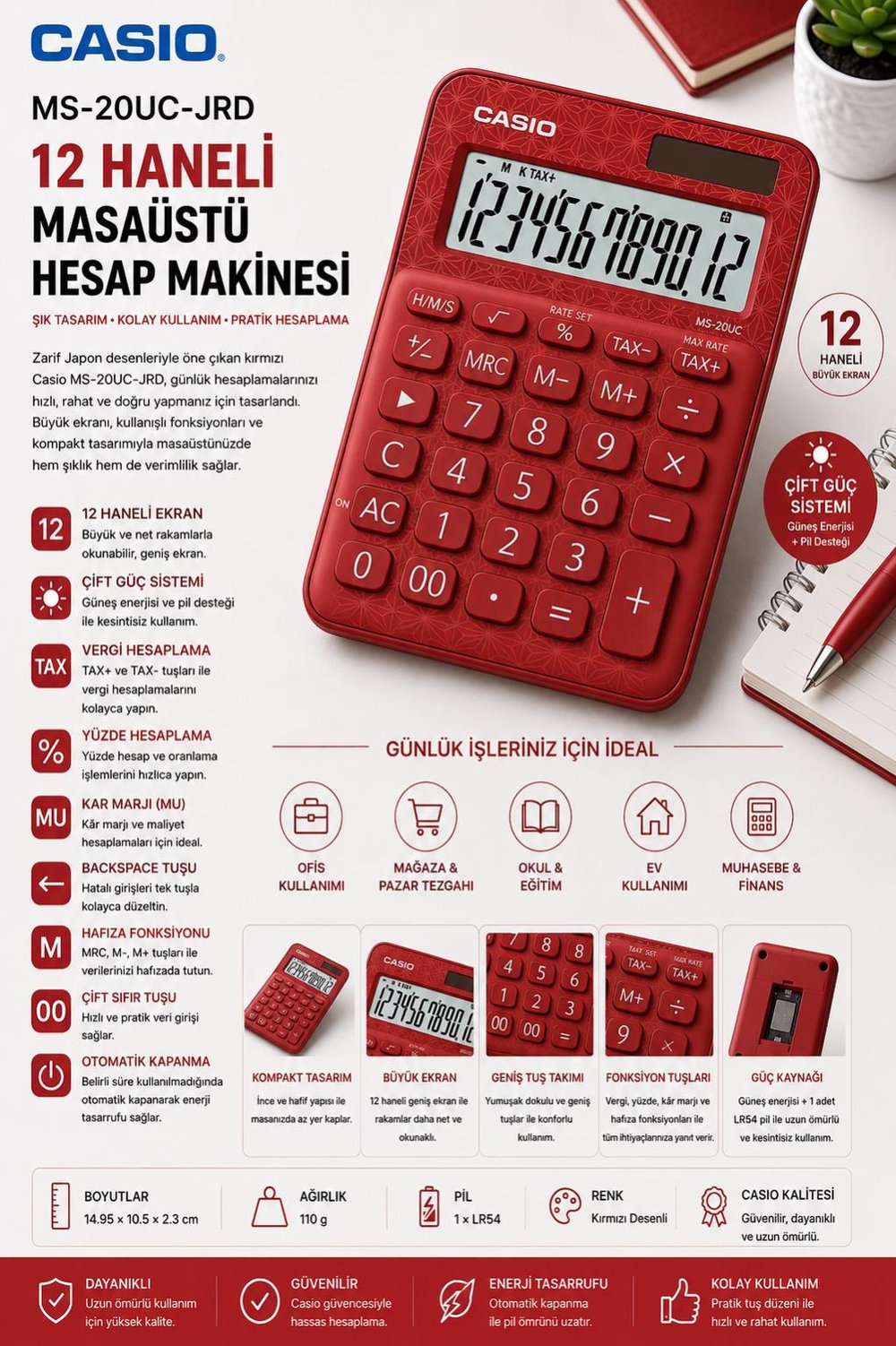 Casio MS-20UC-JRD 12 Hane Kırmızı Desenli Masa Üstü Hesap Makinesi