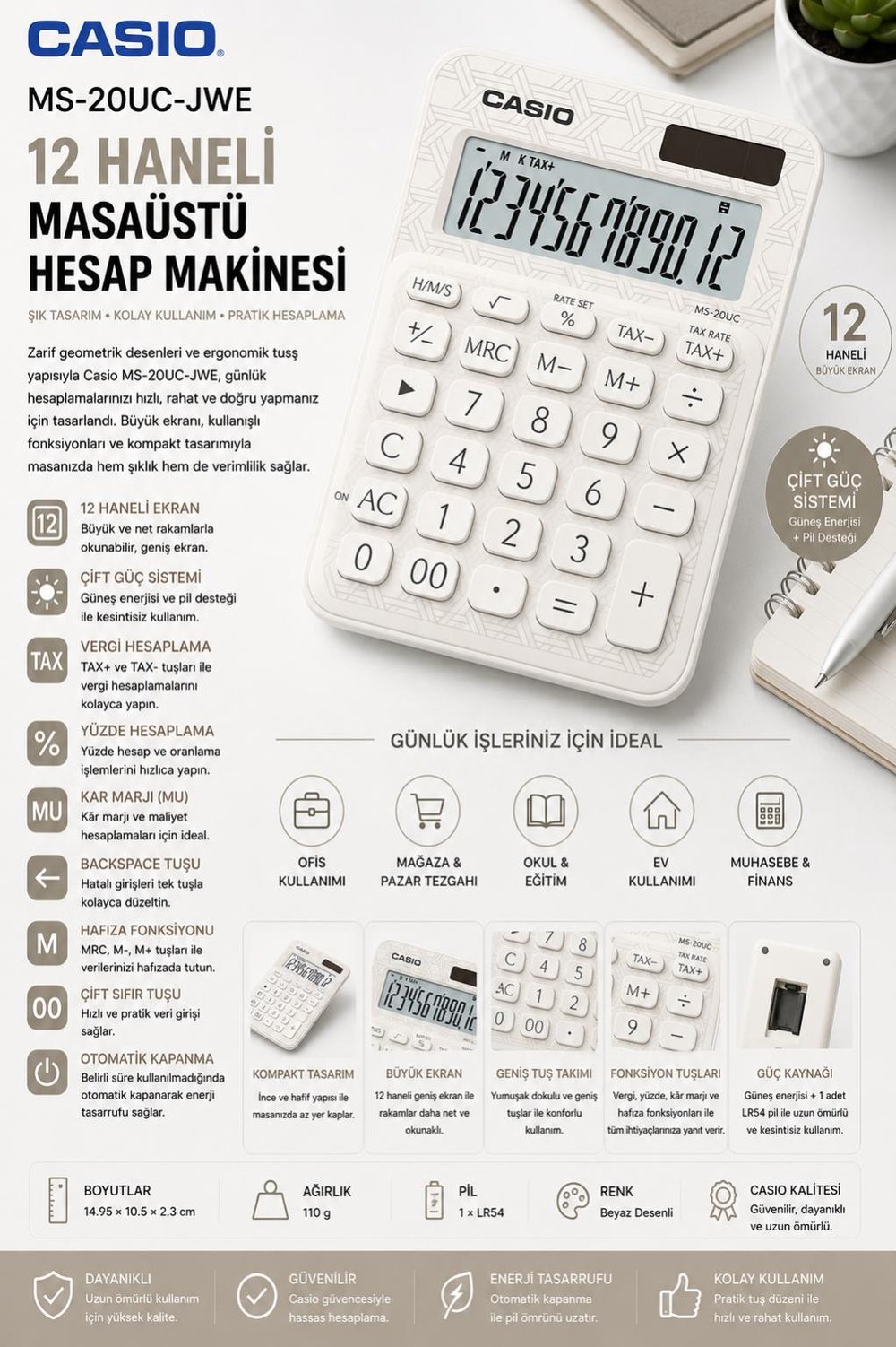 Casio MS-20UC-JWE 12 Hane Beyaz Desenli Masa Üstü Hesap Makinesi