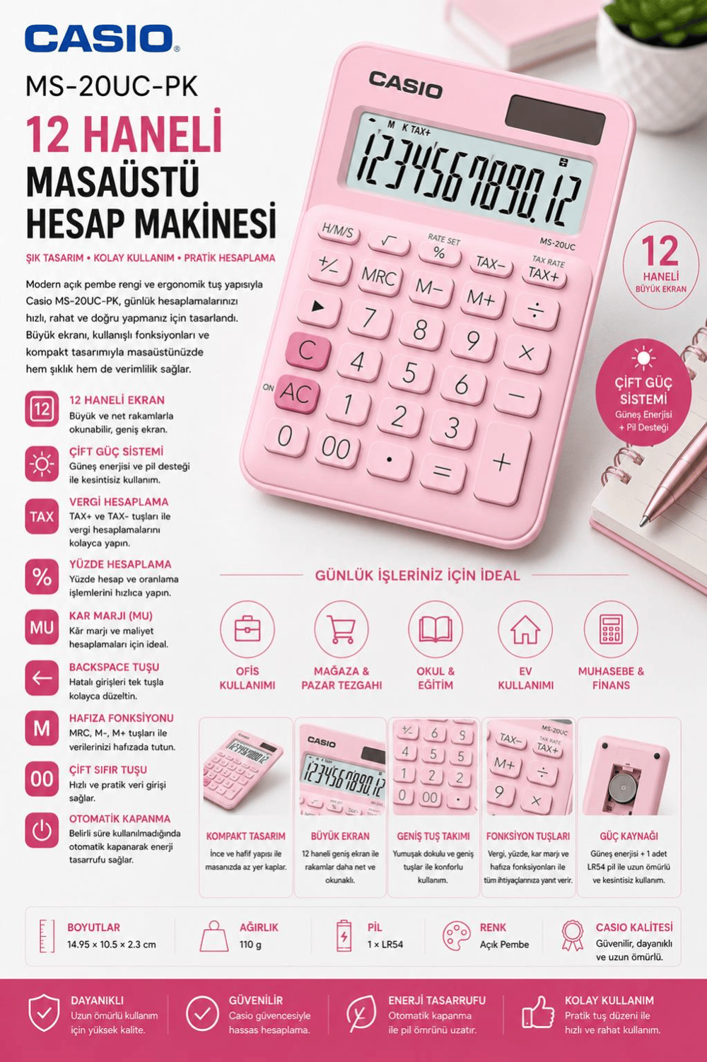 Casio MS-20UC-PK 12 Hane Açık Pembe Masa Üstü Hesap Makinesi