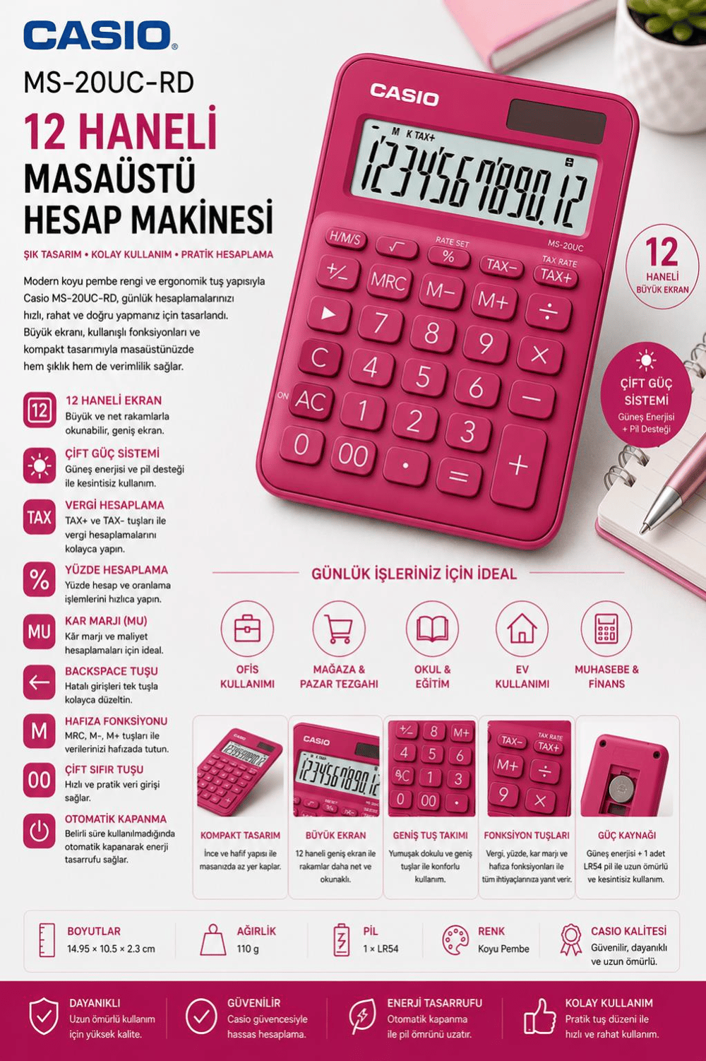 Casio MS-20UC-RD 12 Hane Koyu Pembe Masa Üstü Hesap Makinesi
