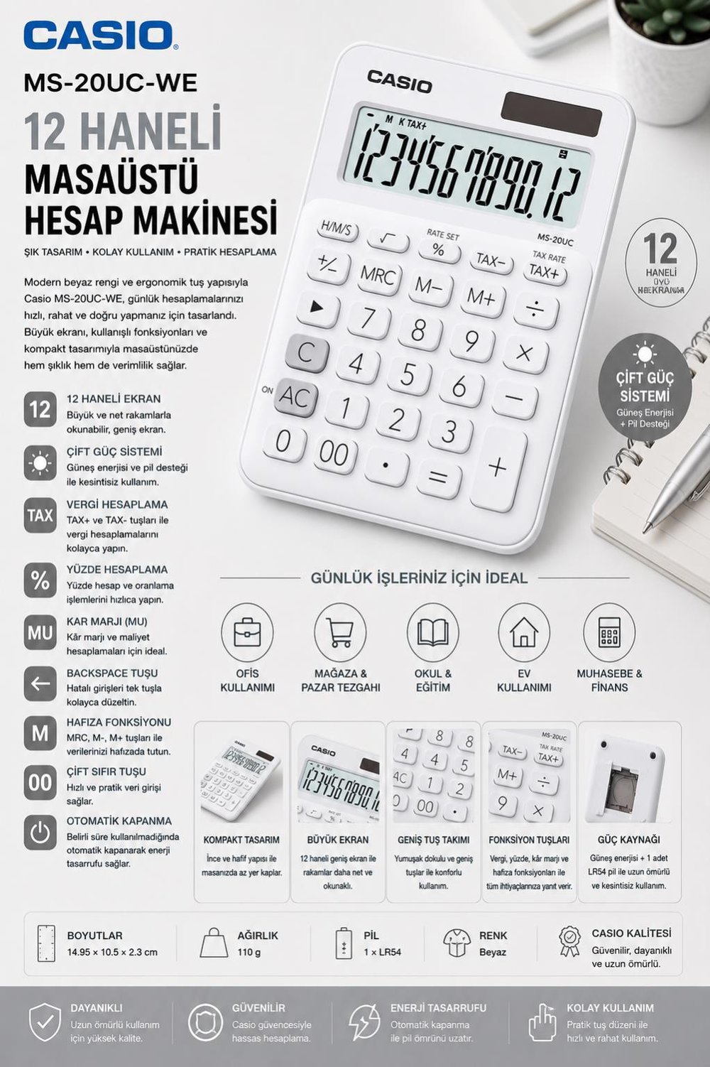 Casio MS-20UC-WE 12 Haneli Beyaz Masaüstü Hesap Makinesi 