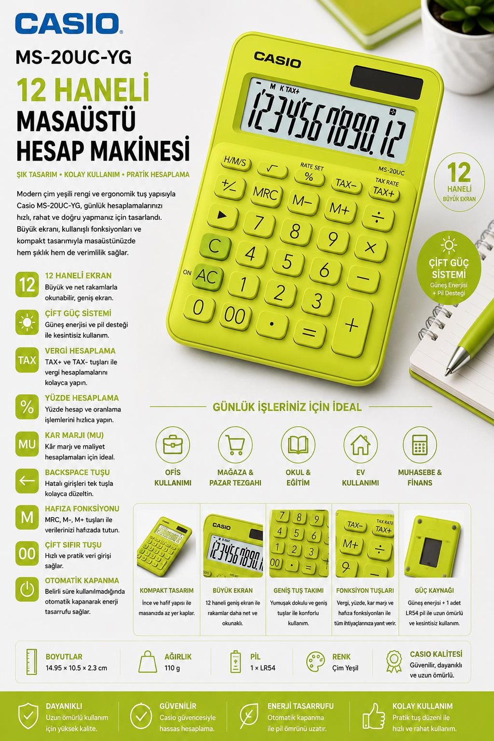 Casio MS-20UC-YG 12 Hane Çim Yeşil Masa Üstü Hesap Makinesi
