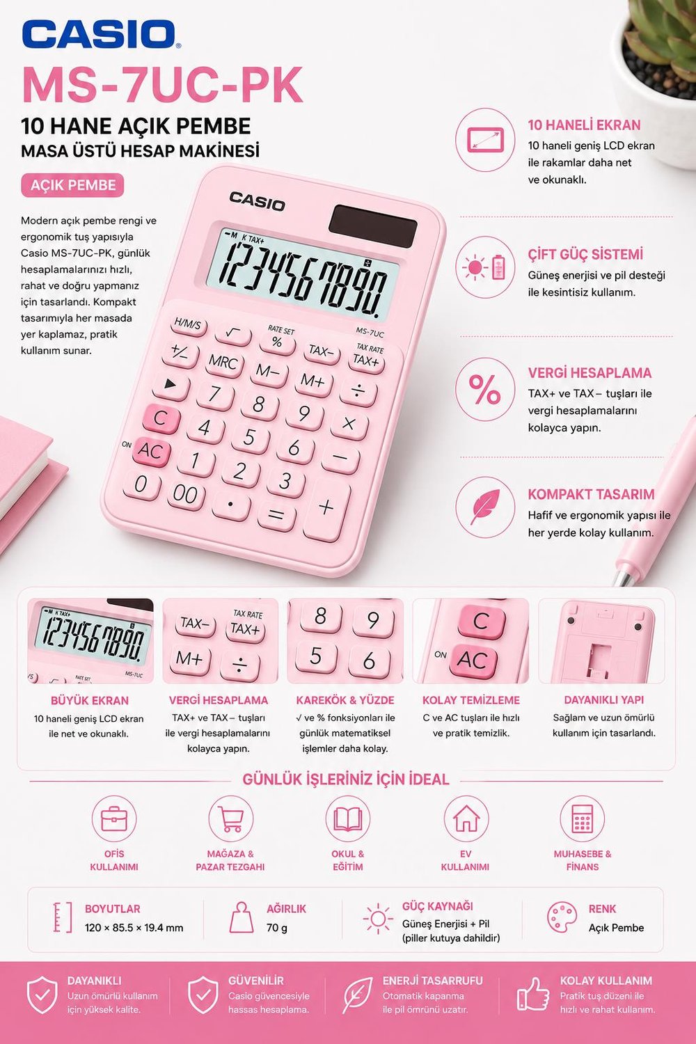 Casio MS-7UC-PK 10 Hane Açık Pembe Masa Üstü Hesap Makinesi