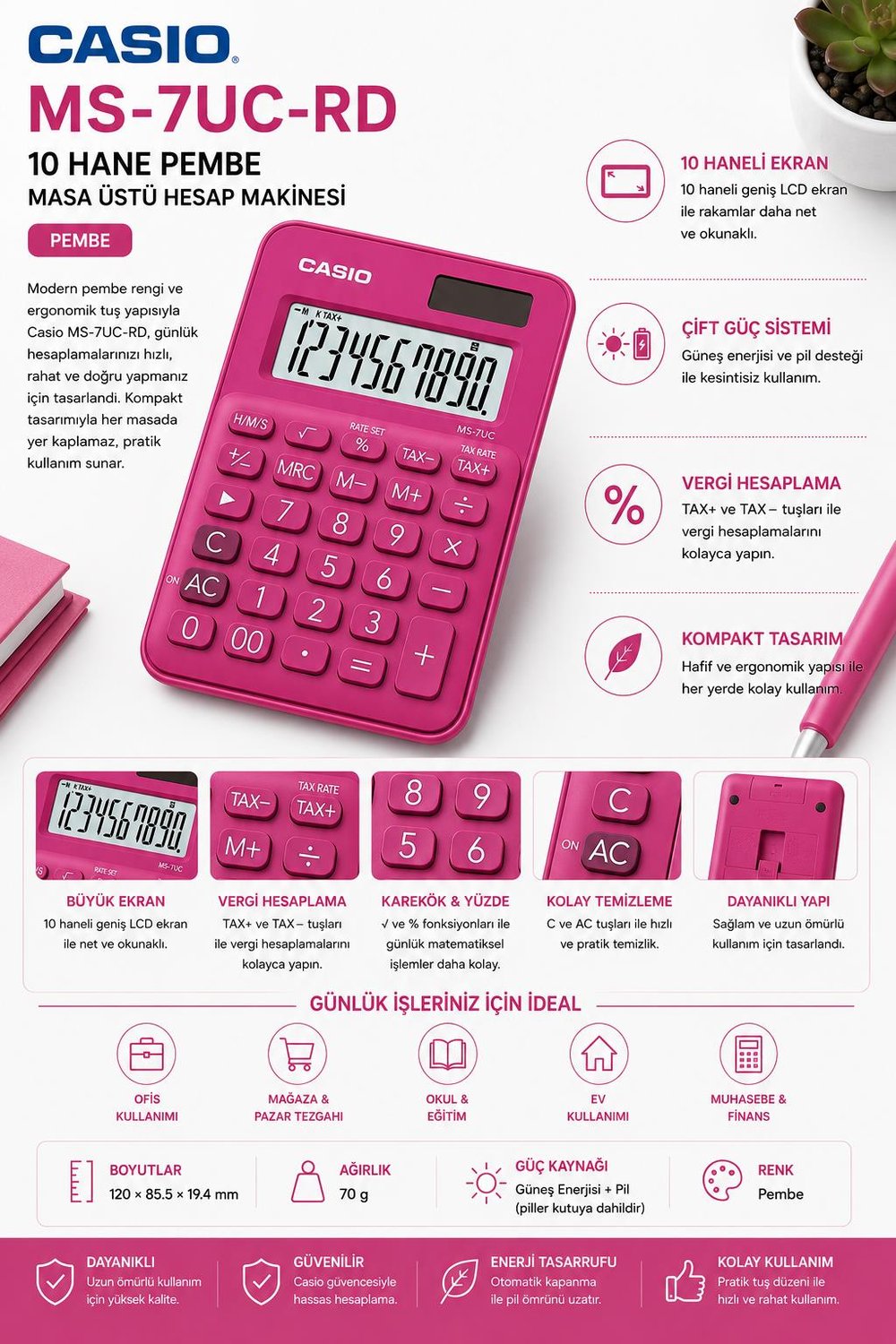 Casio MS-7UC-RD 10 Hane Pembe Masa Üstü Hesap Makinesi