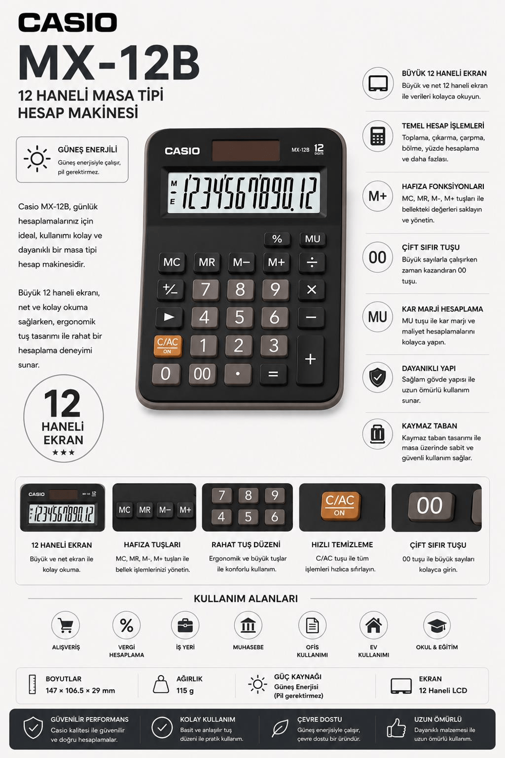 Casio MX-12B 12 Haneli Masa Tipi Hesap Makinesi – Geniş Ekranlı, Çift Güç Kaynaklı, Dayanıklı Tasarım