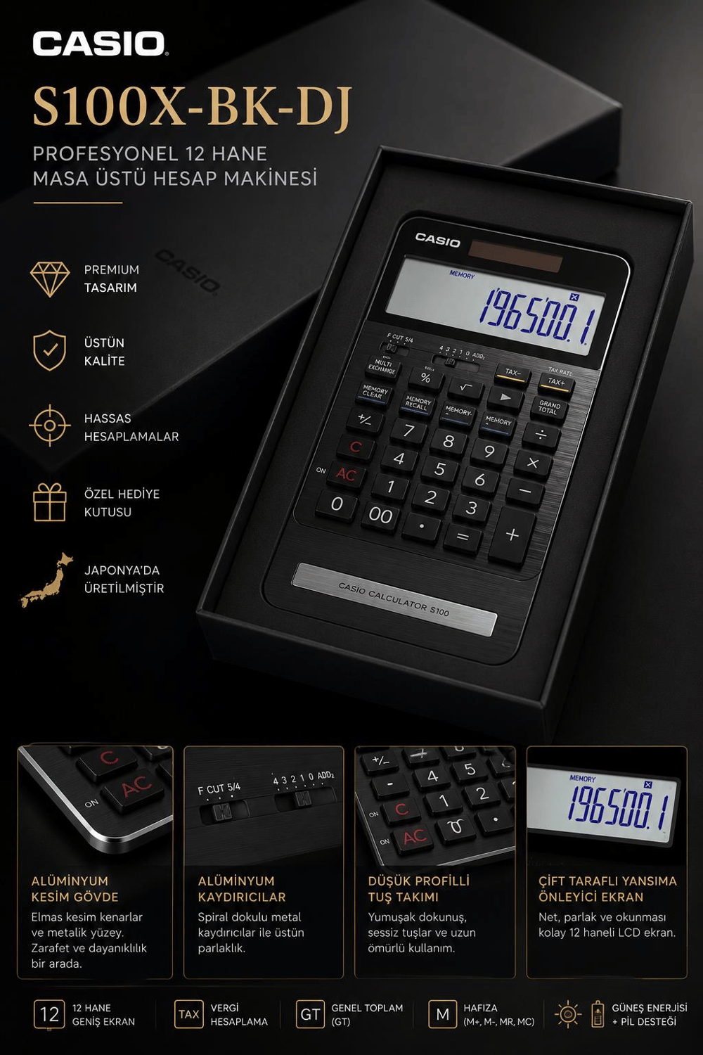 Casio S100X-BK-DJ Profesyonel 12 Hane Masa Üstü Hesap Makinesi