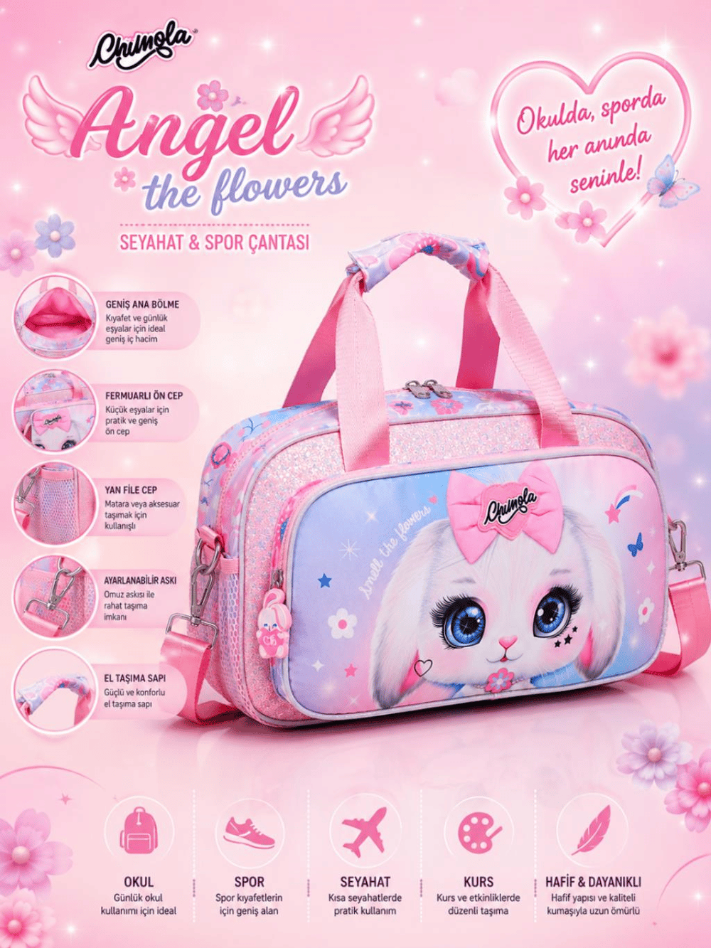Chimola Angel the Flowers Cute Cub Rabbit Kız Çocuk Seyahat Çantası - BP122