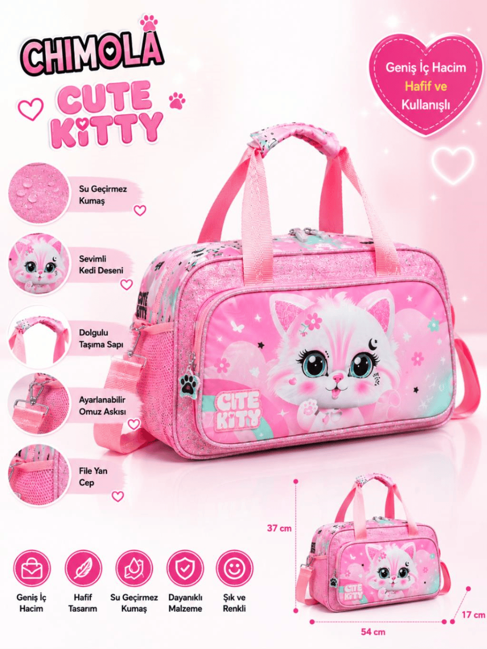 Chimola Cute Kitty Seyahat ve Spor Çantası Pembe – BP120