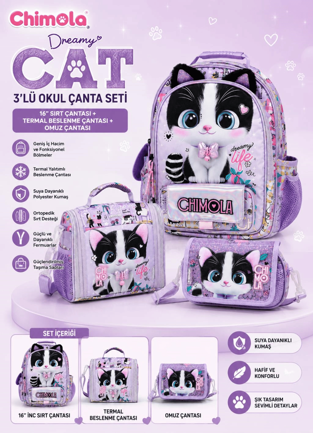 Chimola Dreamy Cat 3'lü Okul Çanta Seti | 16