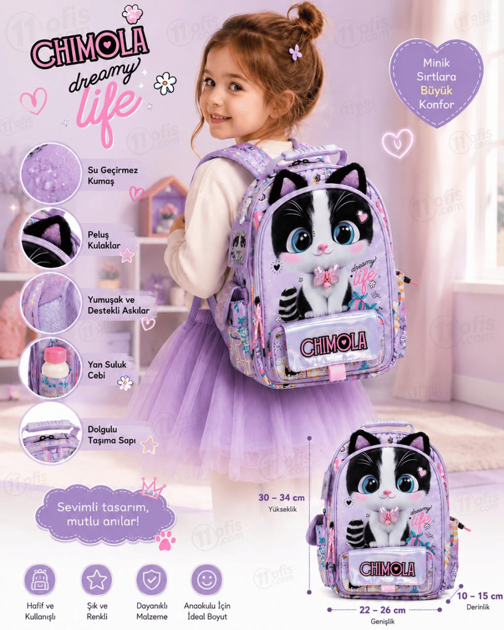 Chimola Dreamy Life Kedi Desenli 12 İnç Anaokulu Sırt Çantası – Peluş Kulaklı Lila BT287