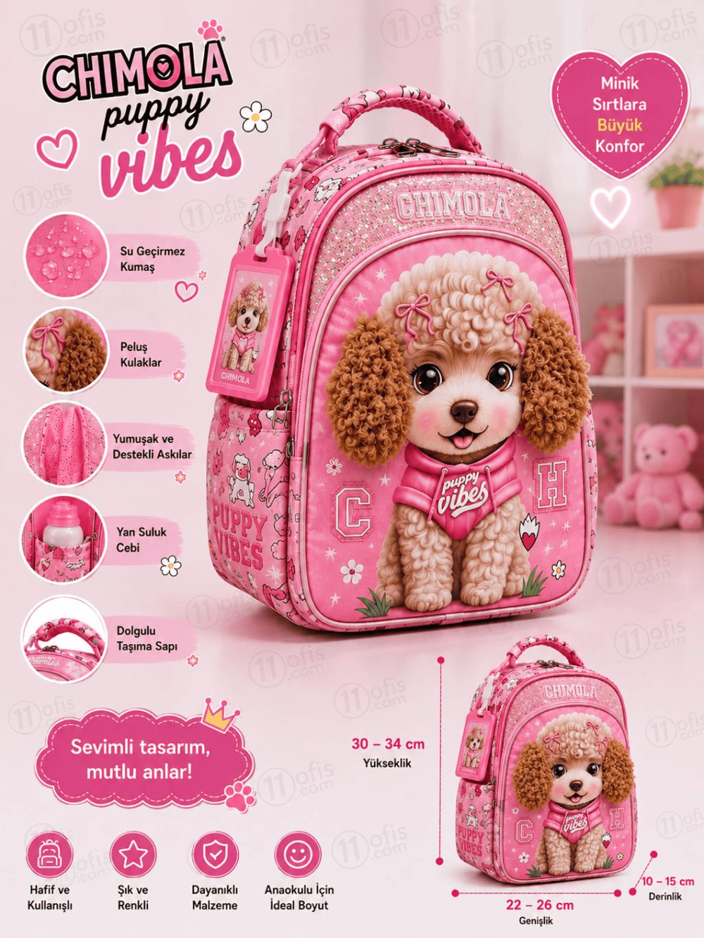 Chimola Puppy Vibes Poodle Desenli 12 İnç Anaokulu Sırt Çantası – Peluş Kulaklı BT289