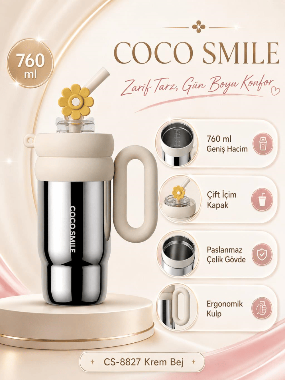 CocoSmile CS-8827 Krem Bej 760 ml Çift İçim Paslanmaz Çelik Termos Mug Matara Askılı