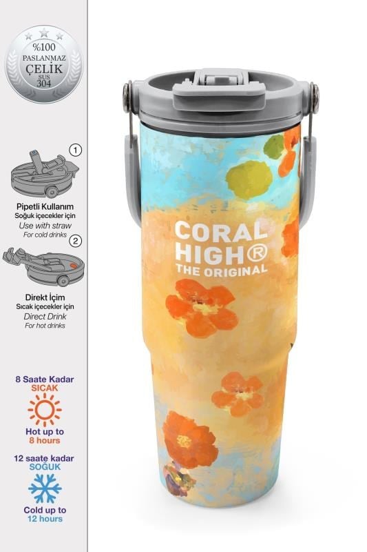 Coral High Çicek Desenli Pipetli ve Direkt İçim Çelik Termos 900 ml 38739