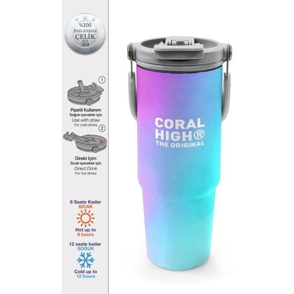 Coral High Çok Renkli Desenli Pipetli ve Direkt İçim Çelik Termos 900 ml 38737