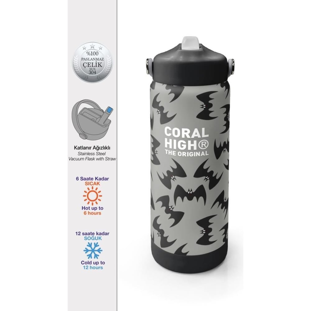 Coral High Gri Siyah Yarasa Desenli Katlanır Ağızlıklı Çelik Termos 650 ml 38326