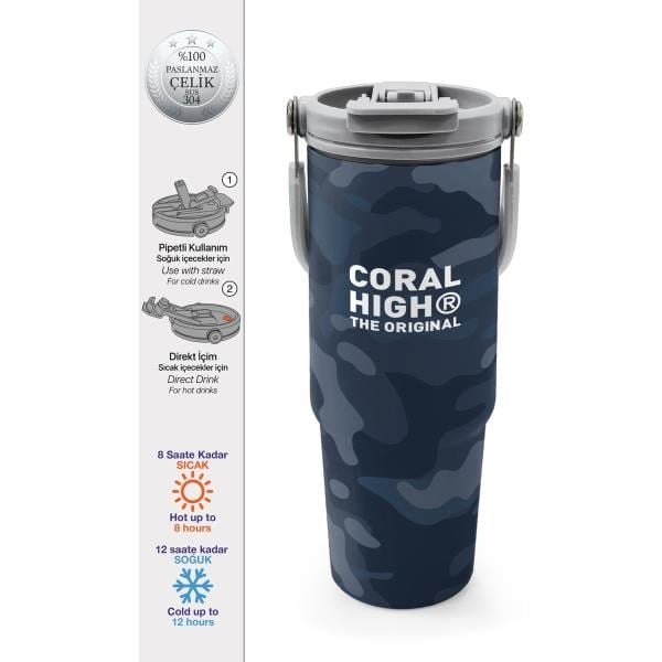 Coral High Kamuflaj Desenli Pipetli ve Direkt İçim Çelik Termos 900 ml 38742