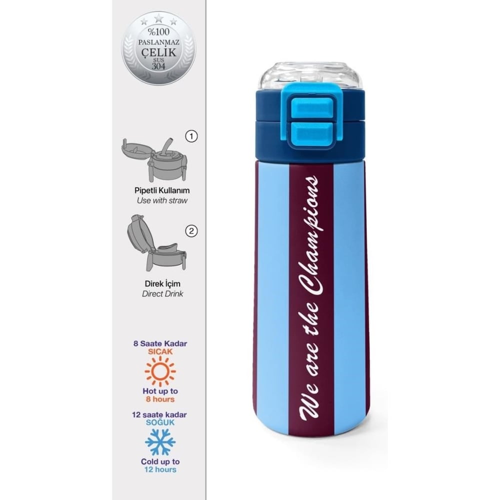 Coral High Kids Bordo Mavi Taraftar Desenli Pipetli ve Direkt İçim Çelik Termos 500 ml 31788