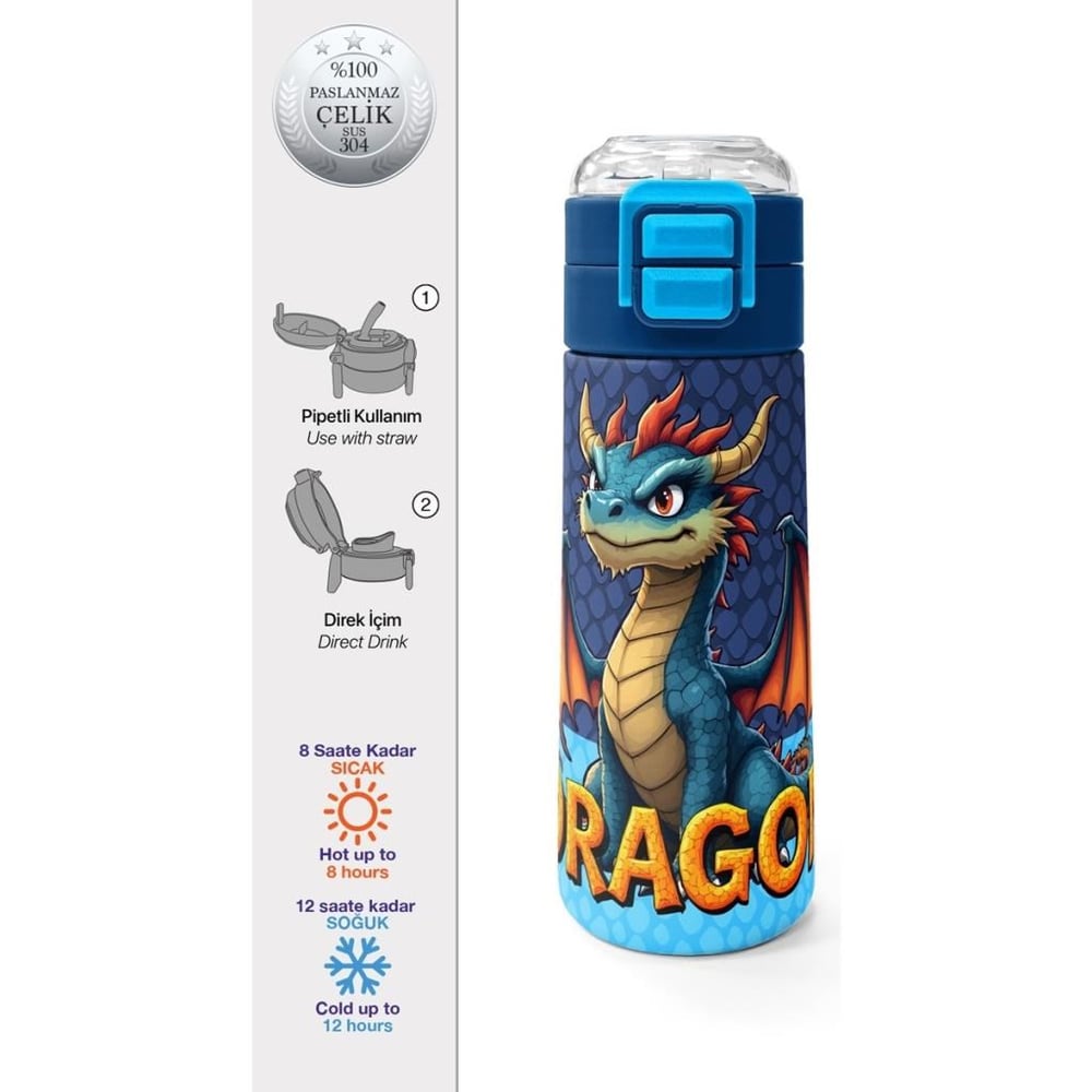 Coral High Kids Dragon Desenli Pipetli ve Direkt İçim Çelik Termos 500 ml 38113