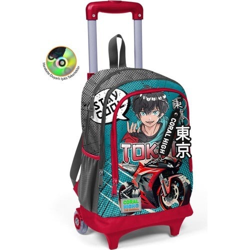 Coral High Kids Gri Nefti Anime Motorsiklet Desenli Üç Bölmeli Çekçekli Okul Sırt Çantası 23964