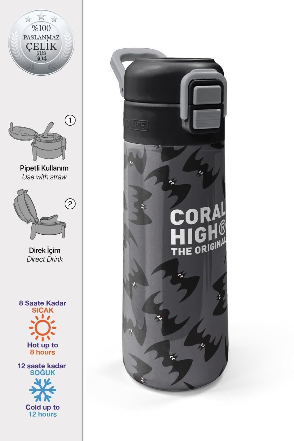 Coral High Kids Gri Siyah Yarasa Desenli Pipetli ve Direkt İçim Çelik Termos 500 ml 38126