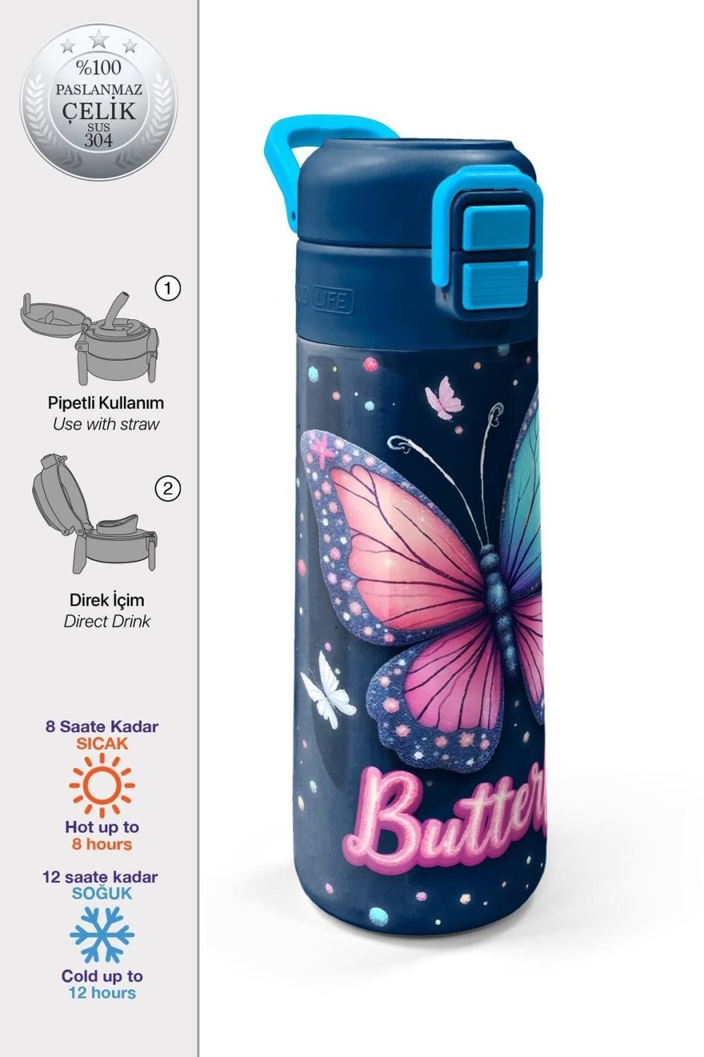 Coral High Kids Kelebek Desenli Pipetli ve Direkt İçim Çelik Termos 500 ml 38131