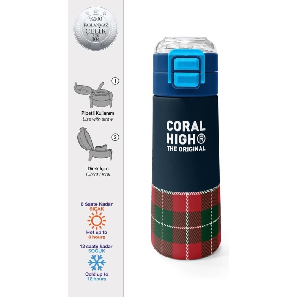Coral High Kids Lacivert Ekose Fiyonk Desenli Pipetli ve Direkt İçim Çelik Termos 500 ml 38107