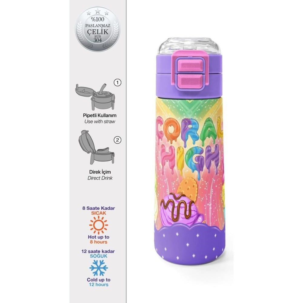 Coral High Kids Milka Dondurma Desenli Pipetli ve Direkt İçim Çelik Termos 500 ml 38136