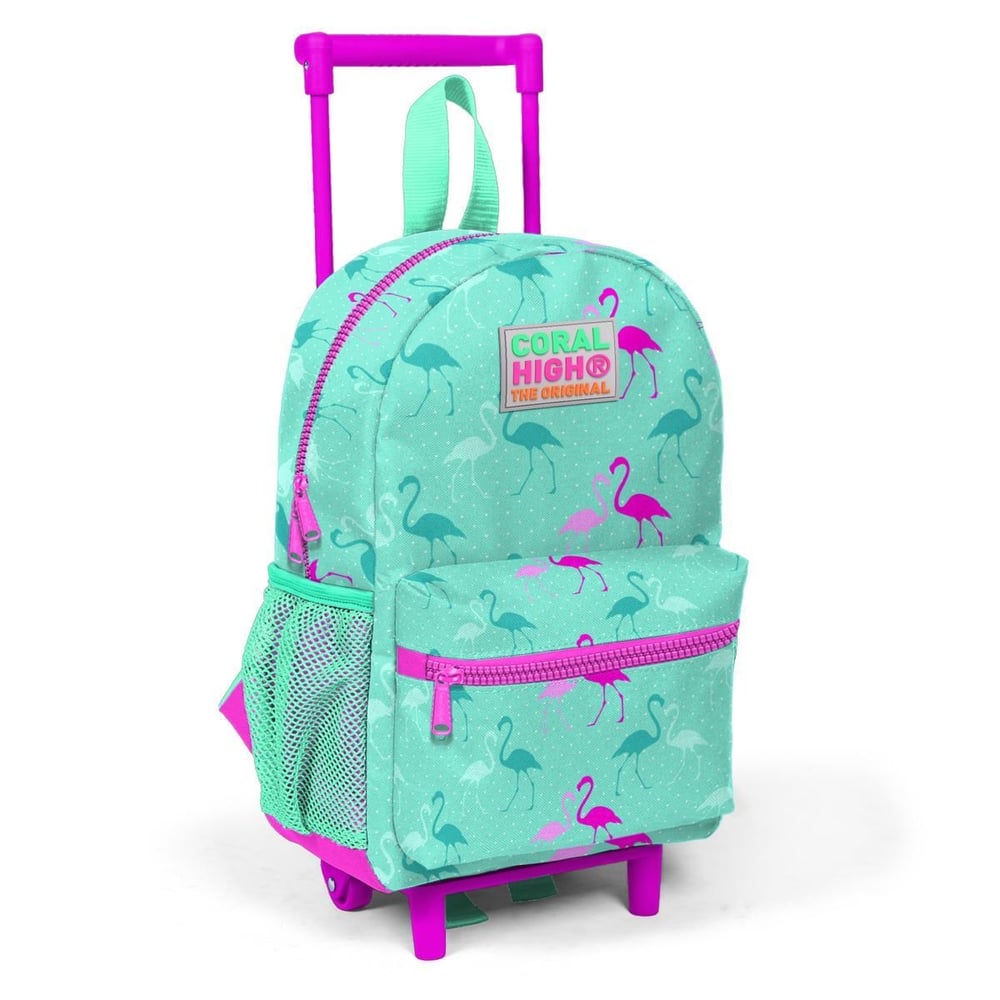 Coral High Kids Minik Yuva Çekçekli Sırt Çantası Su Yeşili Neon Pembe Flamingo Desenli İki Bölmeli 24004