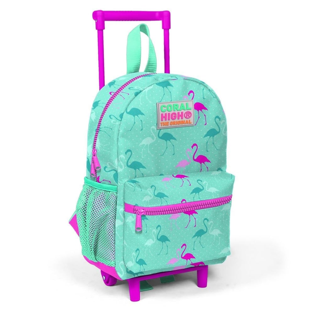 Coral High Kids Minik Yuva Çekçekli Sırt Çantası Su Yeşili Neon Pembe Flamingo Desenli İki Bölmeli 24004