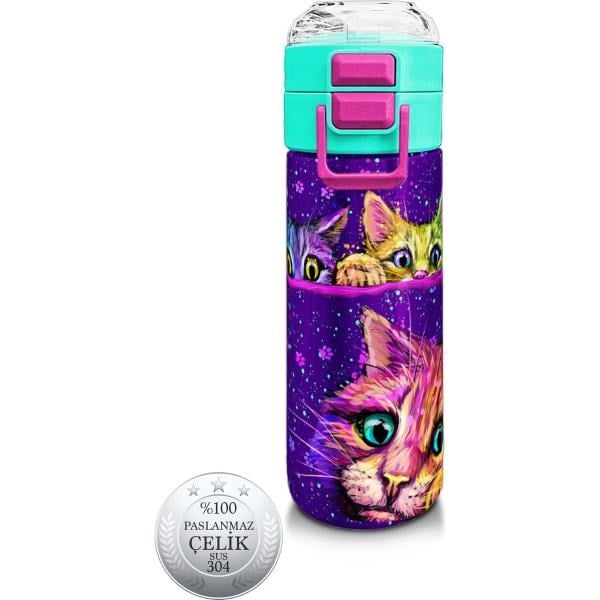 Coral High Kids Mor Pembe Kedi Desenli Pipetli ve Direkt İçim Çelik Termos 500 ml 31939