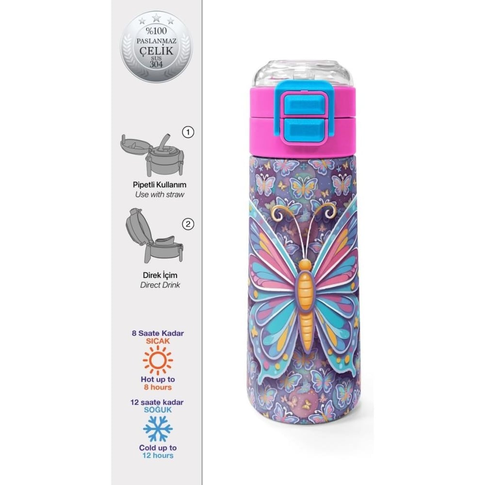Coral High Kids Pastel Renkli Kelebek Desenli Pipetli ve Direkt İçim Çelik Termos 500 ml 38106