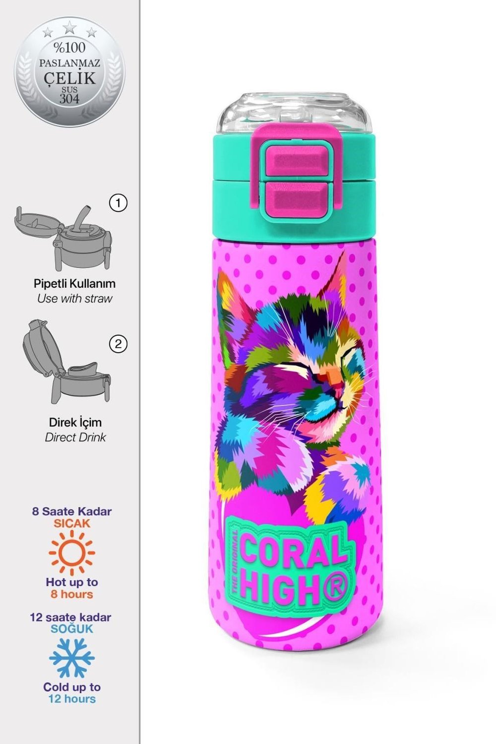 Coral High Kids Pembe Mavi Kedi Desenli Pipetli ve Direkt İçim Çelik Termos 500 ml 31842