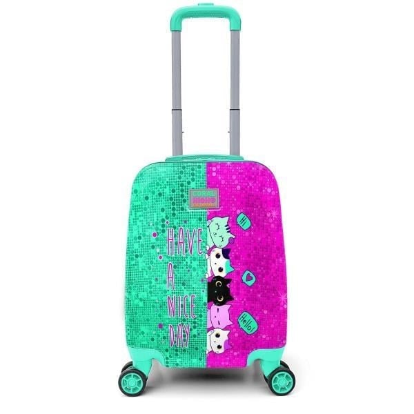 Coral High Kids Pembe Su Yeşili Kedi Desenli Çocuk Valizi 16725