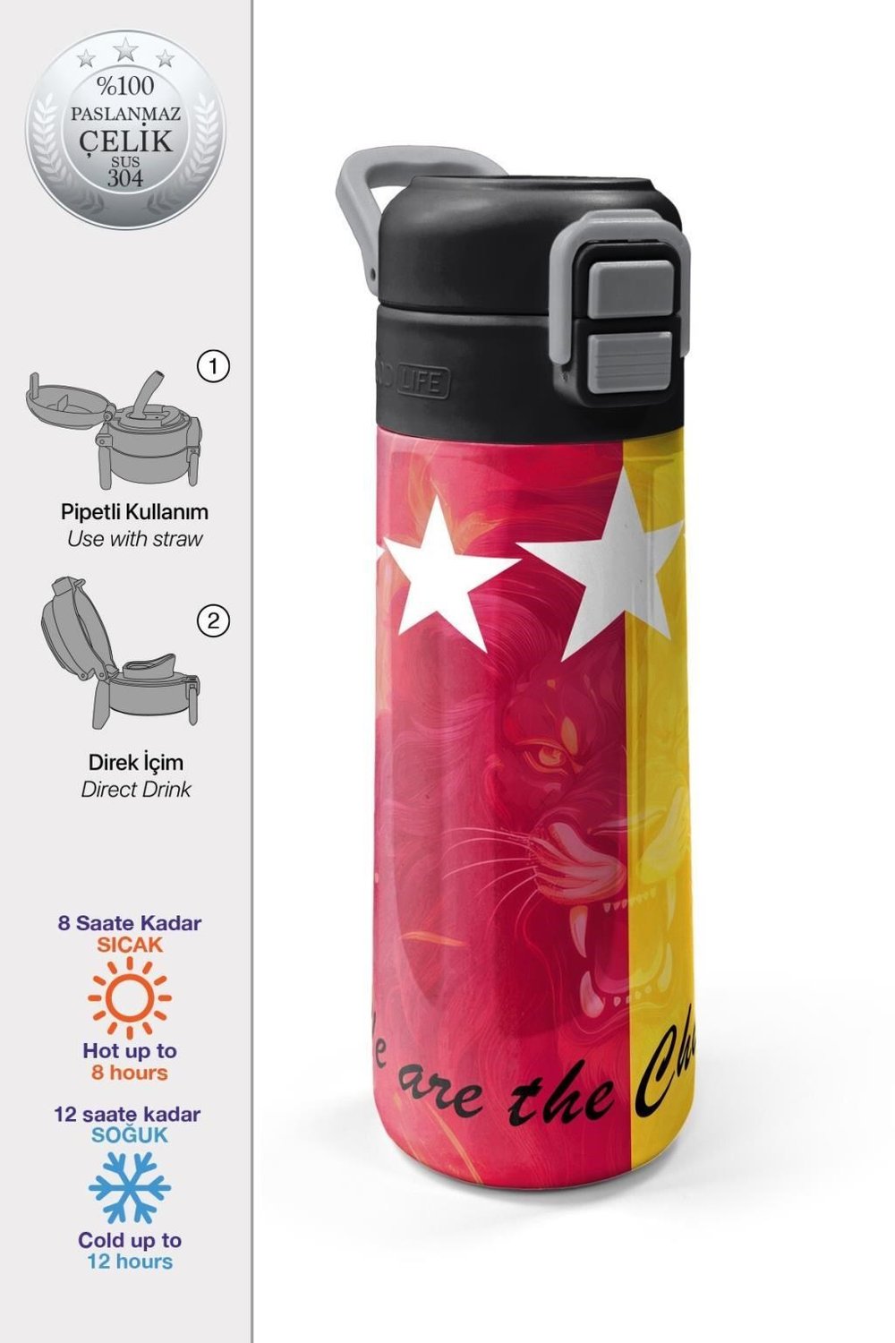 Coral High Kids Sarı Kırmızı 5 Yıldız Aslan Taraftar Desenli Pipetli ve Direkt İçim Çelik Termos 500 ml 31792