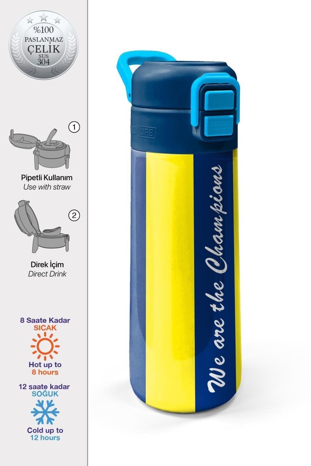 Coral High Kids Sarı Lacivert Çubuklu Pipetli ve Direkt İçim Çelik Termos 500 ml 31791