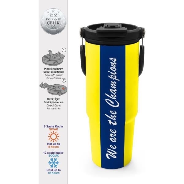 Coral High Kids Sarı Lacivert Çubuklu Pipetli ve Direkt İçim Çelik Termos 900 ml 38730