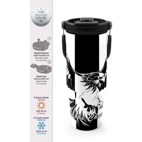 Coral High Kids Siyah Beyaz Kartal Taraftar Desenli Pipetli ve Direkt İçim Çelik Termos 900 ml 38732