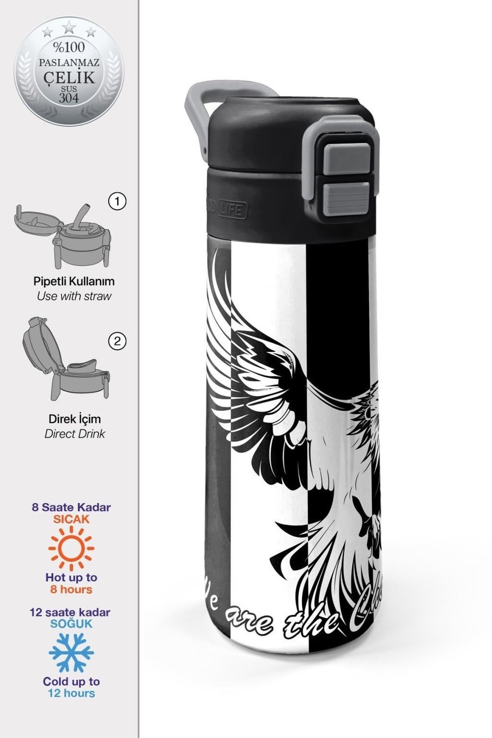 Coral High Kids Siyah Beyaz Kartal Taraftar Desenli Pipetli ve Direkt İçim Çelik Termos 500 ml 31789