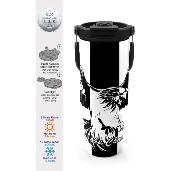 Coral High Kids Siyah Beyaz Kartal Taraftar Desenli Pipetli ve Direkt İçim Çelik Termos 900 ml 38732