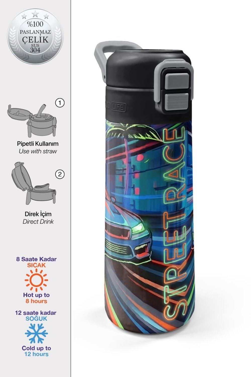 Coral High Kids Siyah Çok Renkli Yarış Arabası Desenli Pipetli ve Direkt İçim Çelik Termos 500 ml 38141