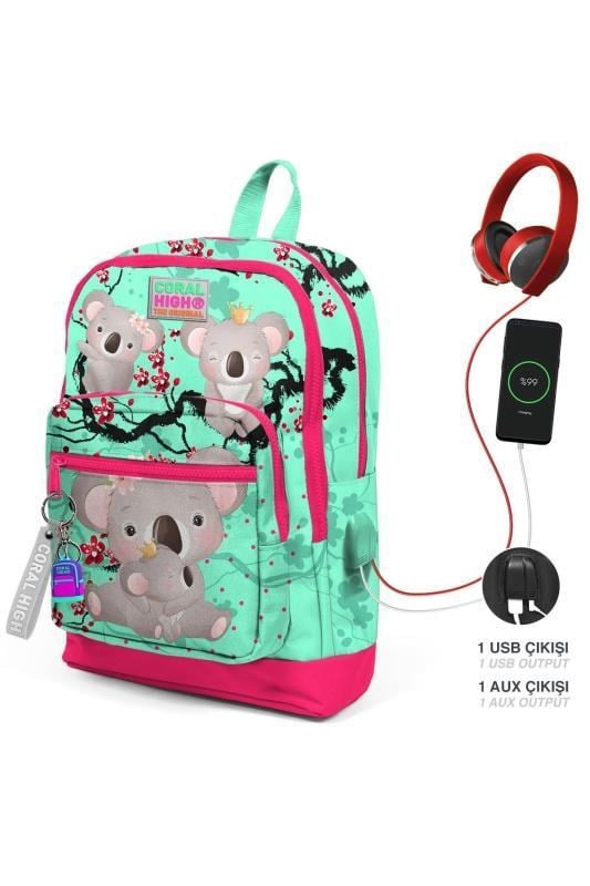 Coral High Kids Su Yeşili Neon Mercan Koala Desenli Dört Bölmeli USBli Okul Sırt Çantası 23813