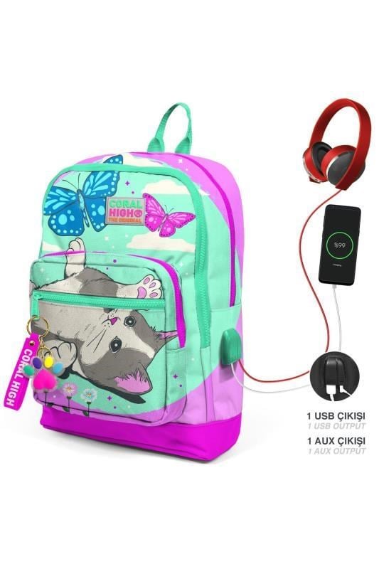 Coral High Kids Su Yeşili Pembe Kedi Desenli Dört Bölmeli USBli Okul Sırt Çantası 23807