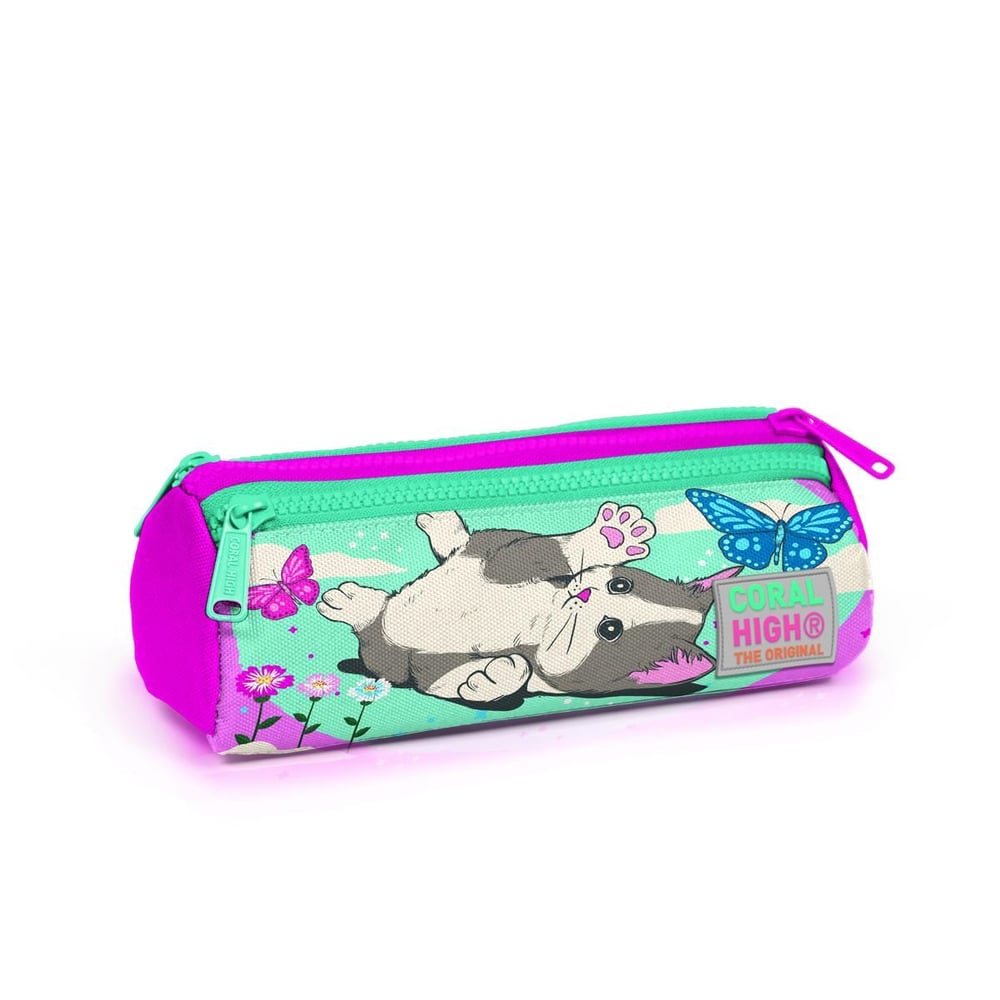 Coral High Kids Su Yeşili Pembe Kedi Desenli Üç Bölmeli Kalem Çantası 22007