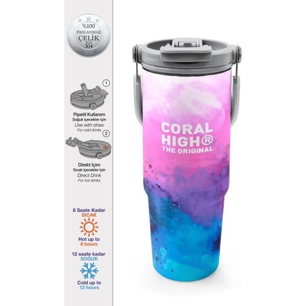 Coral High Pembe Mavi Desenli Pipetli ve Direkt İçim Çelik Termos 900 ml 38733